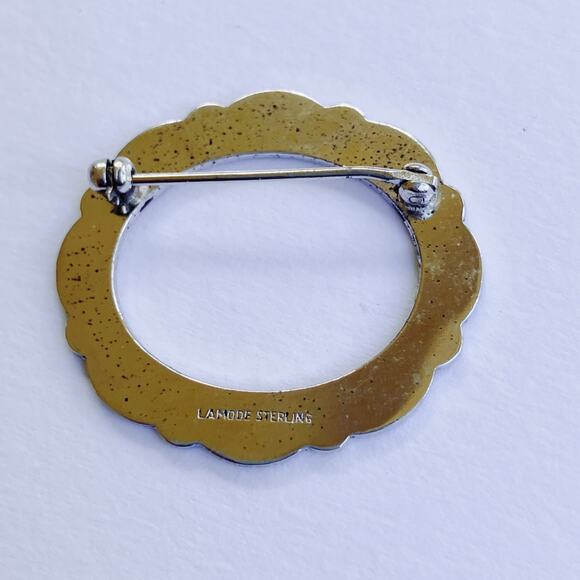 LaMode Sterling Silver Guilloche Floral Enamel Brooch Mid Century 1940s Pin - Picture 6 of 8